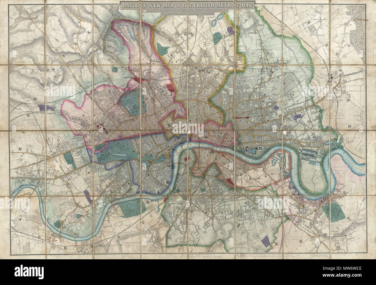 . Davies è di Nuovo Mappa del British Metropolis, i confini del distretto, County Court Districts, ferrovie e moderna e miglioramenti. Inglese: una rara, straordinario, e splendidamente incisi 1852 caso mappa o pocket piano di Londra, Inghilterra, da B. R. Davies. Copre il centro di Londra da Chiswick est a Bugsby la portata e la Victoria Docks, si estende a nord per quanto riguarda Stamford Hill e del sud per quanto riguarda Nunhead cimitero. Davies prima rilasciato questa mappa nel 1848 e aggiornato regolarmente ben al di sopra dei 1870s. Nel periodo tra il 1830 e il 1865 Londra vissuto un periodo straordinario di expansio Foto Stock
