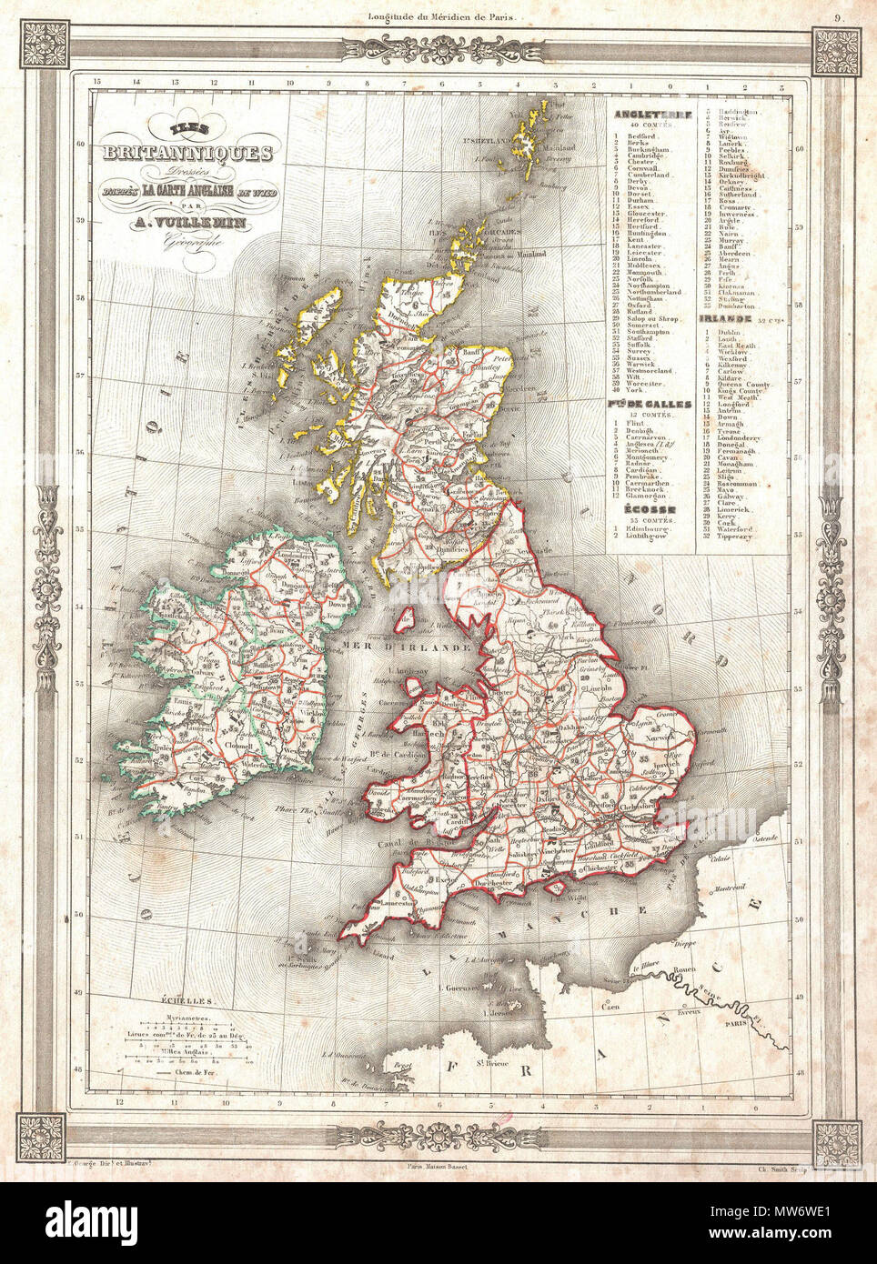 . Iles Britanniques Dresees d'appres La Carte Anglaise de Wild. Inglese: un raro e interessante 1852 Mappa delle Isole Britanniche da A. Vuillemin. Dettagli Inghilterra, di Scozia e Irlanda nonché parti della vicina Francia. Sulla base di un precedente mappa dal cartografo inglese Wild. Angolo superiore destro dispone di un elenco delle contee che sono numericamente codificate nella mappa. Dispone di un bellissimo stile cornice confine. Preparato da A. Vuillemin per la pubblicazione come piastra n. 9 nella Maison Basset's 1852 edizione della Atlas Illustre . . 1852 (non datato) 8 1852 Vuillemin Mappa delle Isole Britanniche (Inghilterra, Irlanda, Foto Stock