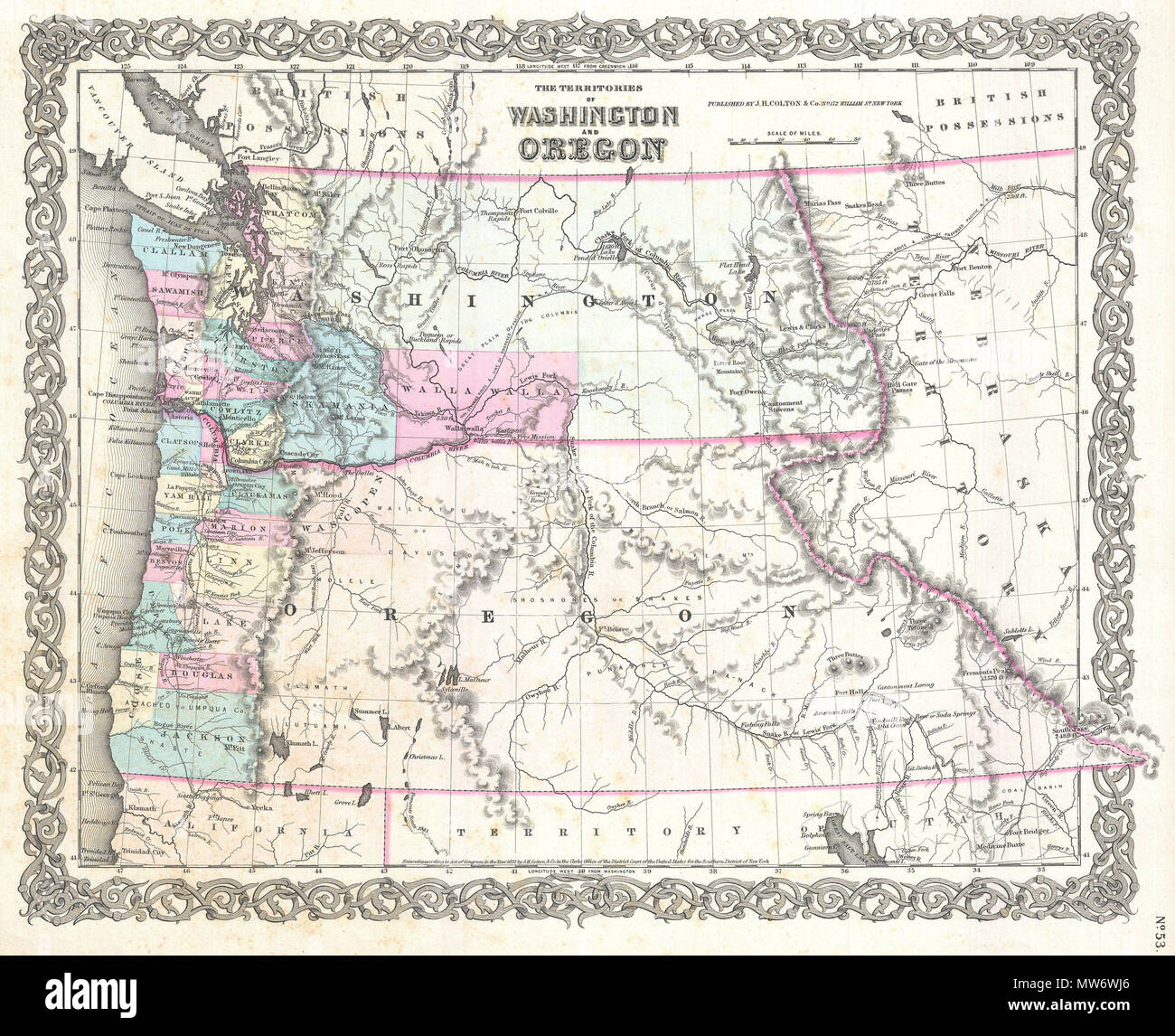 . Il territorio di Washington e Oregon. Inglese: un bel 1855 prima edizione primo stato esempio di Colton la mappa del territorio di Washington e Oregon. Questo è uno dei rari e più desiderabile di tutti Colton atlas mappe. Sulla base di precedenti mappa di parete prodotta da Colton e D. Griffing Johnson, questa mappa dettagli regioni tra la costa del Pacifico e il Continental Divide. Territoriale coperchi di Washington e Oregon incluso il giorno moderno Stato di Idaho. Colton identifica un certo numero di importanti emigrante e percorsi esplorativi compresi Fremont il percorso e il percorso proposto da Gove Foto Stock