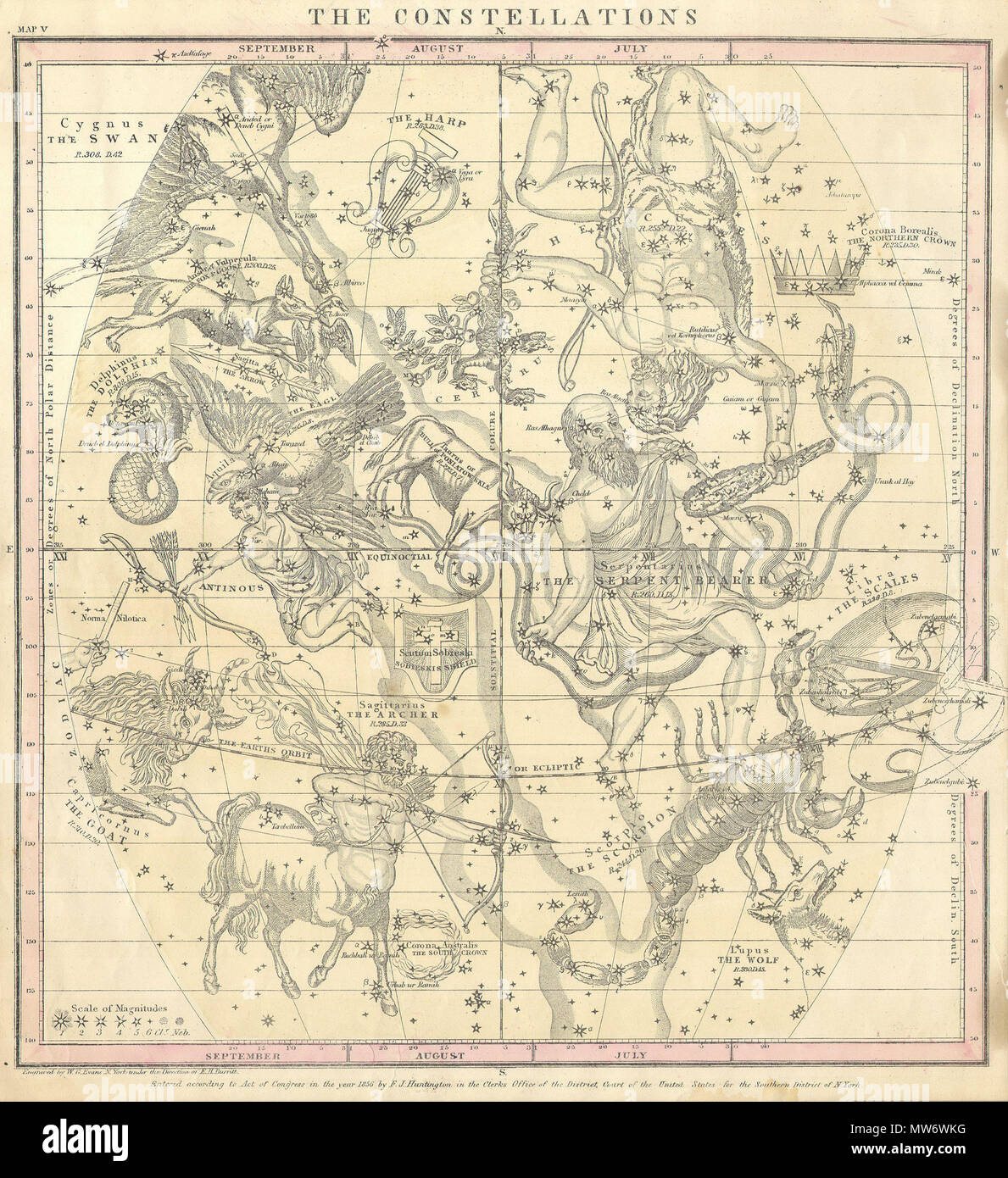 . Le costellazioni (Luglio, Agosto, Settembre). Inglese: Questa rara colorata a mano mappa delle stelle era inciso W. G. Evans di New York per Burritt's 1856 edizione della Atlas per illustrare la geografia del cielo. Esso rappresenta il nord del cielo di notte nei mesi di luglio, agosto e settembre. Le costellazioni sono disegnati in dettaglio e comprendono le raffigurazioni delle figure zodiacali le stelle sono detti a rappresentare. Incluso in questo grafico sono dello Scorpione (Scorpione, Sagittario (l'Archer), il Capricorno (capra), Serpentarins (il serpente) Portatore e Toro (Toro). Grafico è dilaniato dalle linee Foto Stock