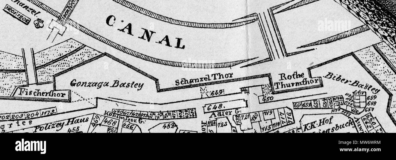 . Deutsch: Platz vor dem ehemaligen Roten Turm von der Biberbastei bis zur Gonzagabastei, vor dem Abriss dieses Teils der Stadtmauer Ausschnitt aus: Piano der Wiener Inneren Stadt, vor 1858 . prima di 1858. Sconosciuto 9 1858-Wien-Roter Turm Foto Stock