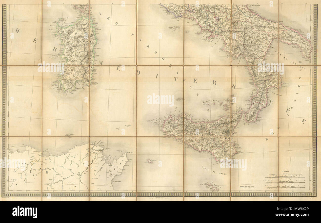 . Italie Partie meridionale . Inglese: questo è un magnifico 1867 mano custodia colorata mappa del sud Italia, Napoli, la Sardegna e la Sicilia. Prodotto dalla ben considerata a metà del XIX secolo cartografo francese J. Andriveau0Goujon a Parigi. La mappa è ufficiale dal titolo "Italie Partie meridionale". Divisi in 21 biancheria segmenti sostenuta. . 1867 9 1867 Andriveau-Goujon caso Cartina del Sud Italia, Napoli, Sicilia e Sardegna - Geographicus - ItalySouth-andriveau-1867 Foto Stock