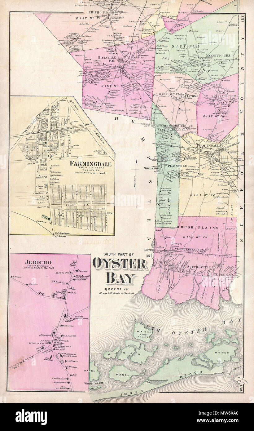 . La parte sud di Oyster Bay, Queens Co. Inglese: un esempio di scarsa di Fredrick W. birre" mappa della parte meridionale di Oyster Bay Queens, a New York. Pubblicato in 1873. Copre approssimativamente da Jones Beach a nord per quanto a Gerico. Include piani inset di Farmingdale e Gerico. Dettagliata per il livello dei singoli edifici e proprietà con i titolari di terra rilevato. Questo è probabilmente il migliore atlas mappa del nord Oyster Bay, Long Island, a comparire nel XIX secolo. Preparato da birre, Comstock & Cline fuori del loro ufficio a 36 Vesey Street, New York City, per l'inclusione nel primo atlante pubblicato Foto Stock