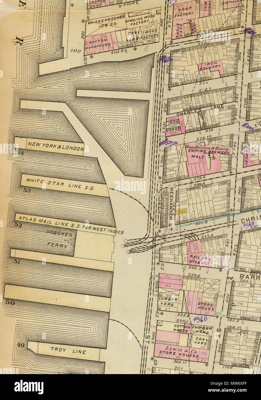 . Inglese: si tratta di una porzione di una scansione da David Rumsey Map Collection di un 1879 Bromley atlante della città di New York, che mostra la zona circostante il Christopher Street traghetto. 1879. G.W. Bromley & Co.; Geo. W. Bromley & E. Robinson 10 1879 Christopher Street Ferry Foto Stock