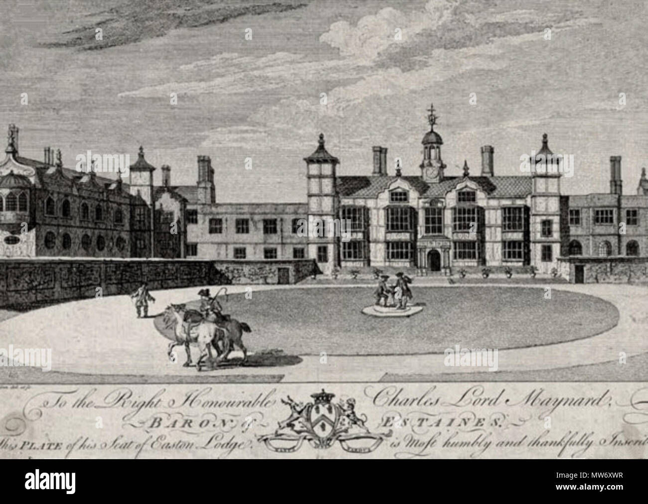 . Inglese: pre-1775 incisione di Easton Lodge per il Signore Maynard, a poco Easton, Essex, Inghilterra. Easton Lodge è stato costruito da Henry Maynard nel 1597. Una successiva-costruita casa, con i giardini progettati da Harold Peto, fu occupata da champagne socialista e socialite Frances Evelyn Maynard (1861-1938), la contessa di Warwick, che era nato a Easton Lodge e ci ha vissuto tutta la sua vita. 1775 o prima. 11 sconosciuto del xviii secolo di incisione Easton Lodge, Essex, Inghilterra Foto Stock