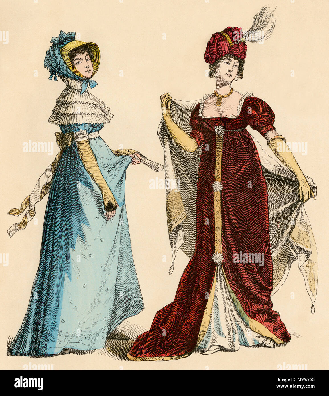Moda donna europea degli inizi del XIX secolo. Colorate a mano la stampa Foto Stock