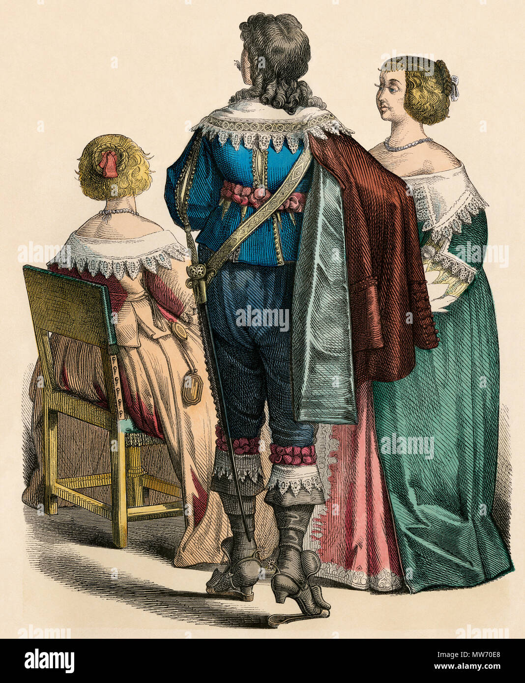 Abbigliamento francese del 1600s. Colorate a mano la stampa Foto Stock