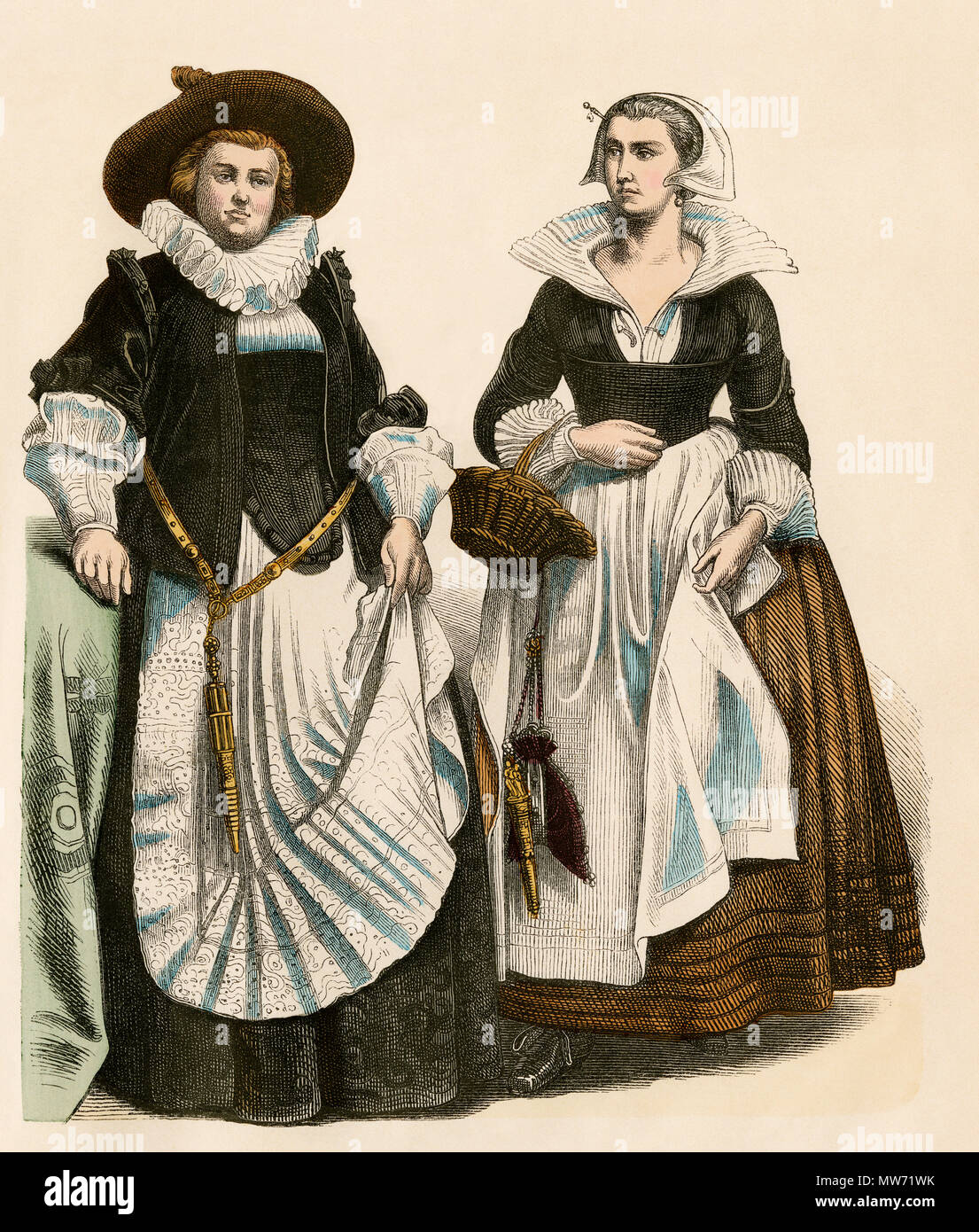 Middle-class le donne dei Paesi Bassi, 1600s. Colorate a mano la stampa Foto Stock