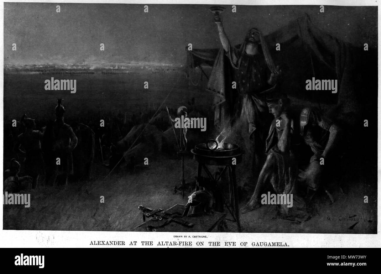 . Alexander vecchi disegni . 1898. Andre Castaigne - Morto 1930 35 Alexander all altare il fuoco alla vigilia della battaglia di Gaugamela di Andre Castaigne (1898-1899) Foto Stock