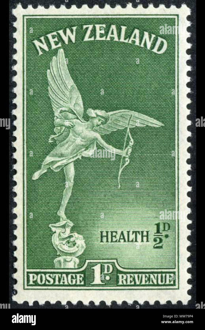 . Inglese: Nuova Zelanda francobollo raffigurante Anteros (uno dei erotes) da una scultura che sormonta il Shaftesbury Memorial fountain a Londra. Progettato da James Berry e stampati da Waterlow & Sons Ltd, e rilasciato dalla Nuova Zelanda il 1 ottobre 1947. 1 ottobre 1947. Waterlow and Sons Ltd 13 1947 NZ Salute timbro verde 01 Foto Stock
