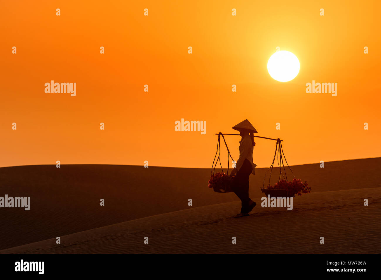 Donna che trasportano cesto fiorito al tramonto in Mui Ne duna di sabbia, Vietnam Foto Stock