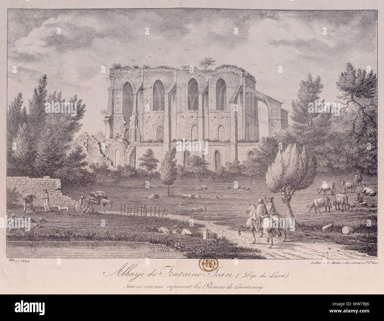 . Représentation des vestiges de l'Abbaye de Fontaine-Jean à Saint-Maurice-sur-Aveyron, Loiret, Francia . 1820. Ange-René Ravault 23 Abbaye de Fontaine-Jean de Saint-Maurice-sur-Aveyron rotocalco Foto Stock