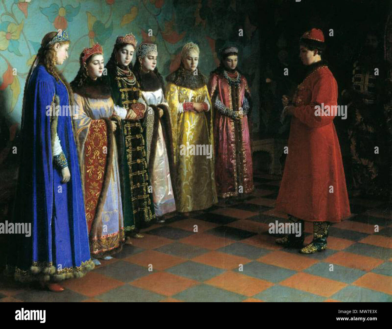. Русский: Григорий СЕДОВ (1836-1886). Выбор невесты царём Алексеем Михайловичем. 1882. , Холст масло осударственная Третьяковская галерея, Москва 161 х 125 см inglese: Grigory Sedov (1836-1886) Alexis dello Zar di Russia sceglie la sua sposa. 1882 tela, olio . 1882. Grigory Sedov (1836-1886) 37 Alexis ho's bride-show da G.Sedov (1882, GTG) Foto Stock