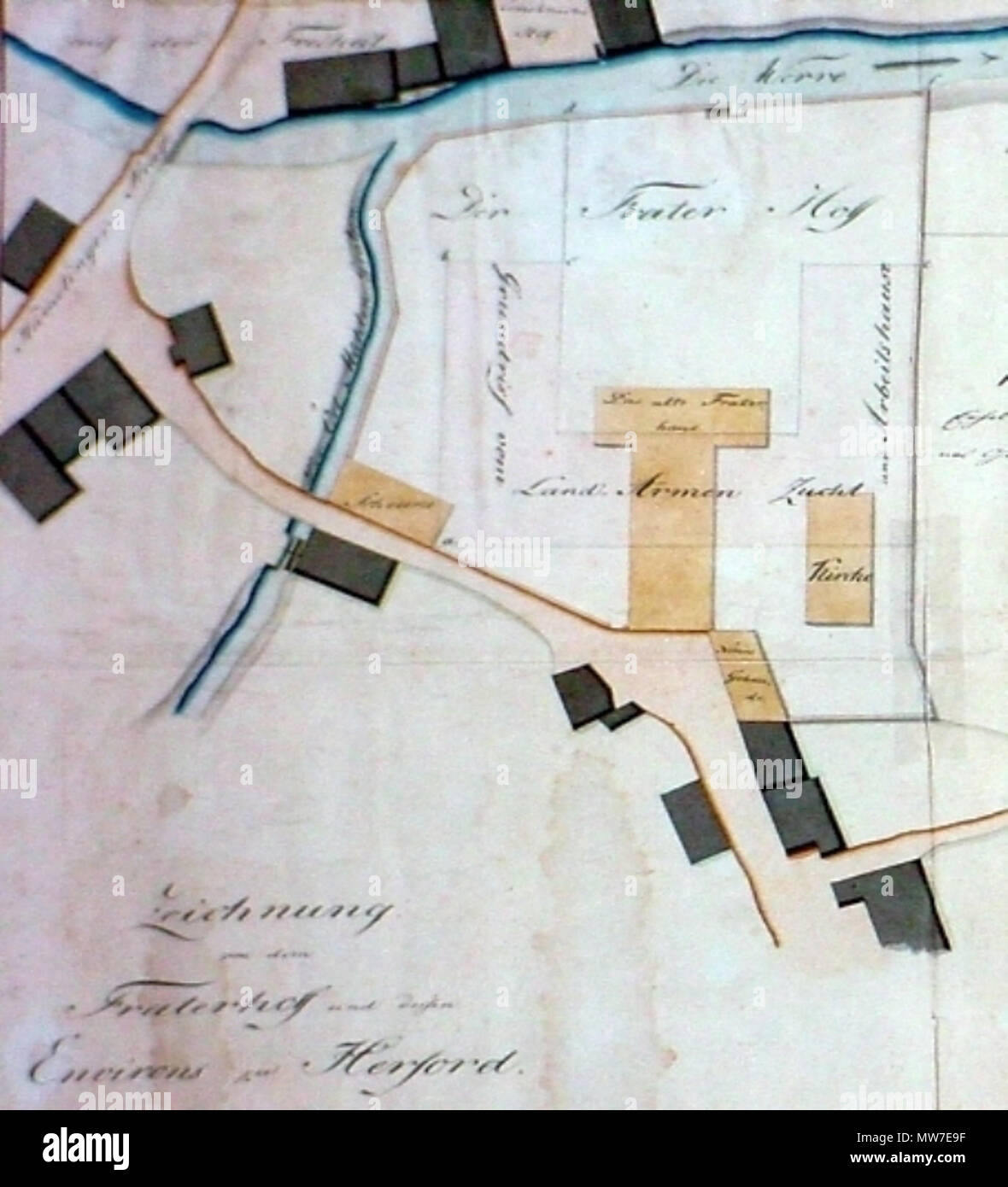 . Deutsch: Skizze (gewestet, Norden ist rechts) des Fraterhofs in Herford; links oben die Hämelinger Straße, oben der alte Verlauf der Werre ("Bowerre') . circa 1805. Sconosciuto 275 Herford Fraterhaus Foto Stock