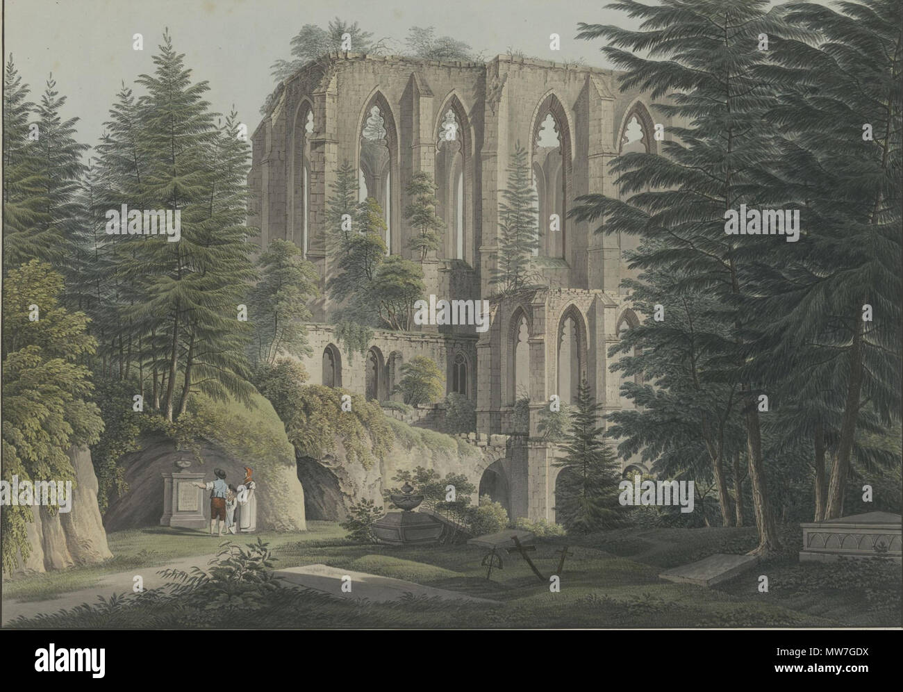 . Ansicht der Klosterruine auf dem Oybin, kolor. Umrissradierung, um 1820. Ruine sur le"Oybin, montagne prés de la Ville de Zittau en Sax / P. Veith del. C. G. Sculp martello. - Dresden : H. Rittner, 53 x 37 cm . [Ca. 1820]. Johann Philipp Veith (Zeichner), Christian Gottlob martello (Stecher) 49 Ansicht der Klosterruine auf dem Oybin Foto Stock