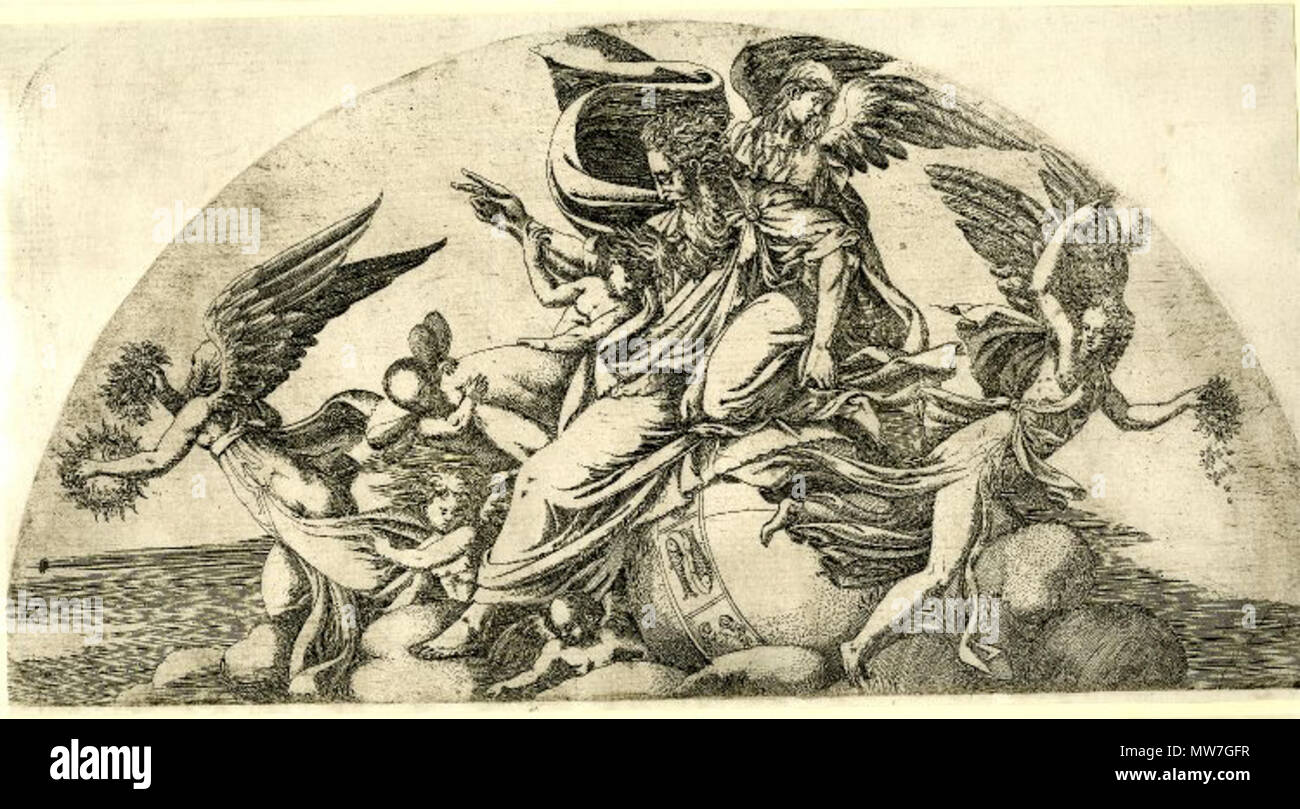 . Inglese: stampa da Antonio Fantuzzi, British Museum bm pagina Dio seduto su un globo, di profilo a sinistra, circondato da angeli; all'interno di arco circolare. c.1543 l'attacco . 1540s. Antonio Fantuzzi (attivo 1540s) 49 Ant fant3 Foto Stock
