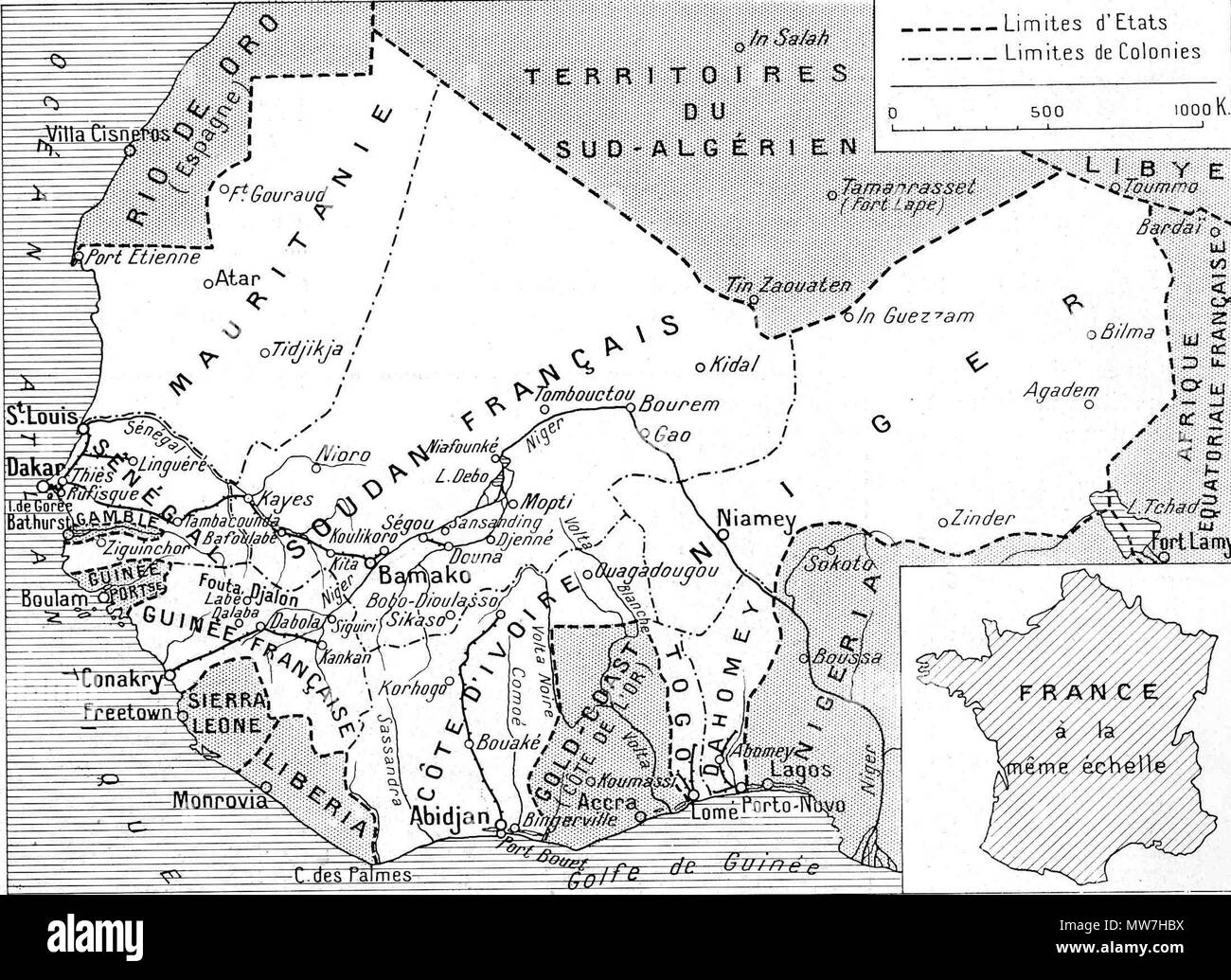 . Carte de l'ADELLA ("Les sept colonie qui composent l'Afrique occidentale française " in L'oeuvre de la France en Afrique occidentale, numéro spécial de L'illustrazione, 29 février 1936, p. 261) . 1936. Anonimo (mappa) 52 AOFMap1936 Foto Stock