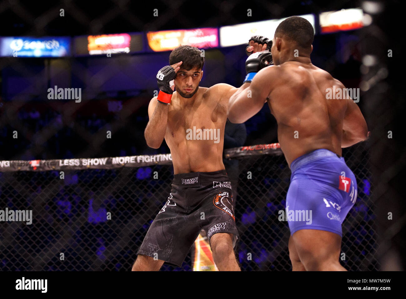 Shoaib Yousaf (sinistra) rispetto a Javonne Morrison a ACB 54 in Yousaf la città natale di Manchester, UK. Yousaf ha vinto al primo turno da TKO. Campionato assoluto Berkut, arti marziali miste, MMA. Foto Stock