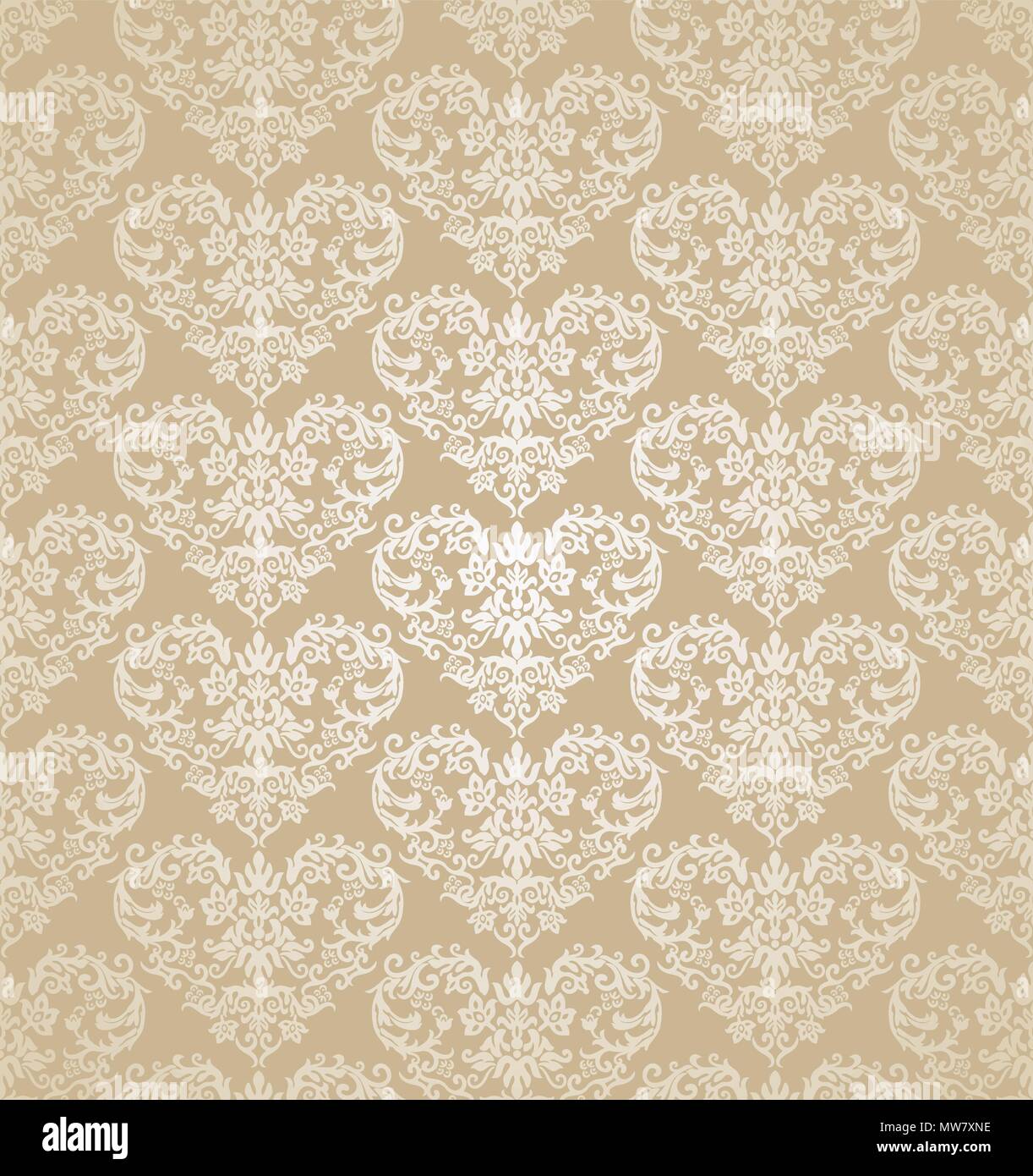Seamless floral cuori golden carta da parati damascata. Questa immagine è una illustrazione vettoriale. Illustrazione Vettoriale