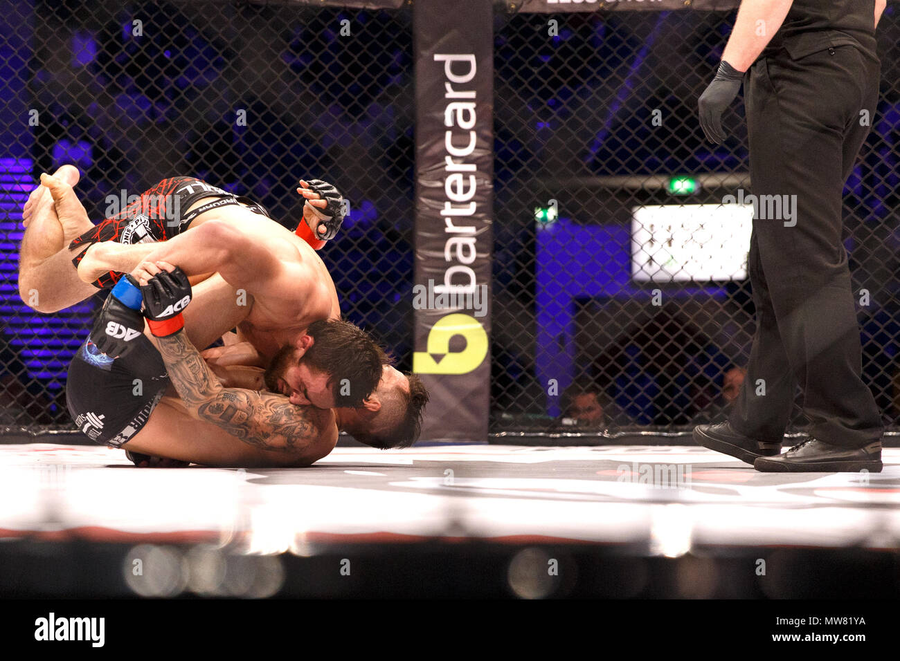 Joshua Aveles (fondo) battaglie Amirkhan Adaev a ACB 54 in Manchester, UK. Campionato assoluto Berkut, arti marziali miste, MMA lotta. Foto Stock