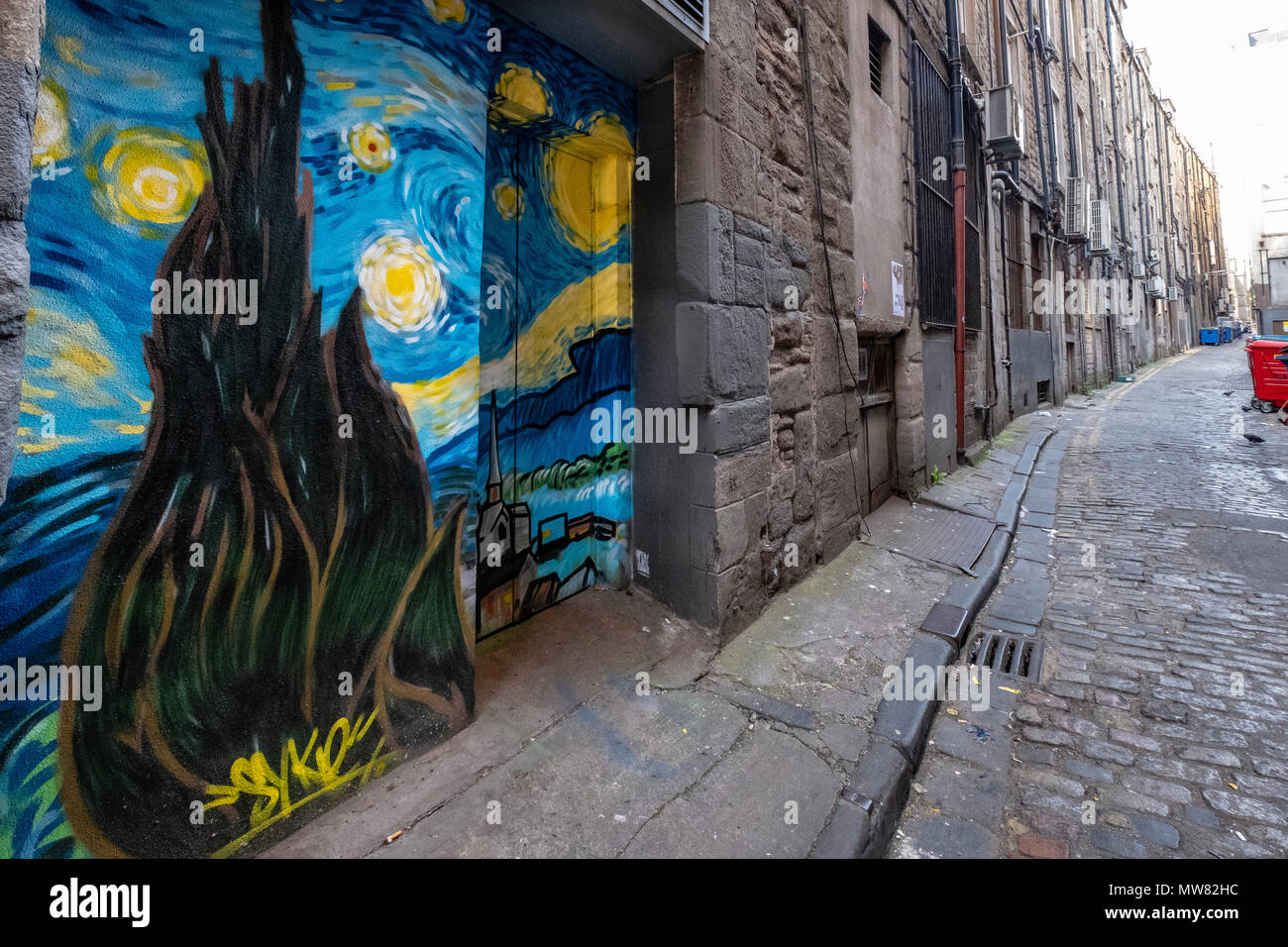 Street Art project Openclose Dundee utilizzando arte su porte in fuori il modo di vicoli e viuzze da artisti locali in città. Il lavoro di SYKE Foto Stock