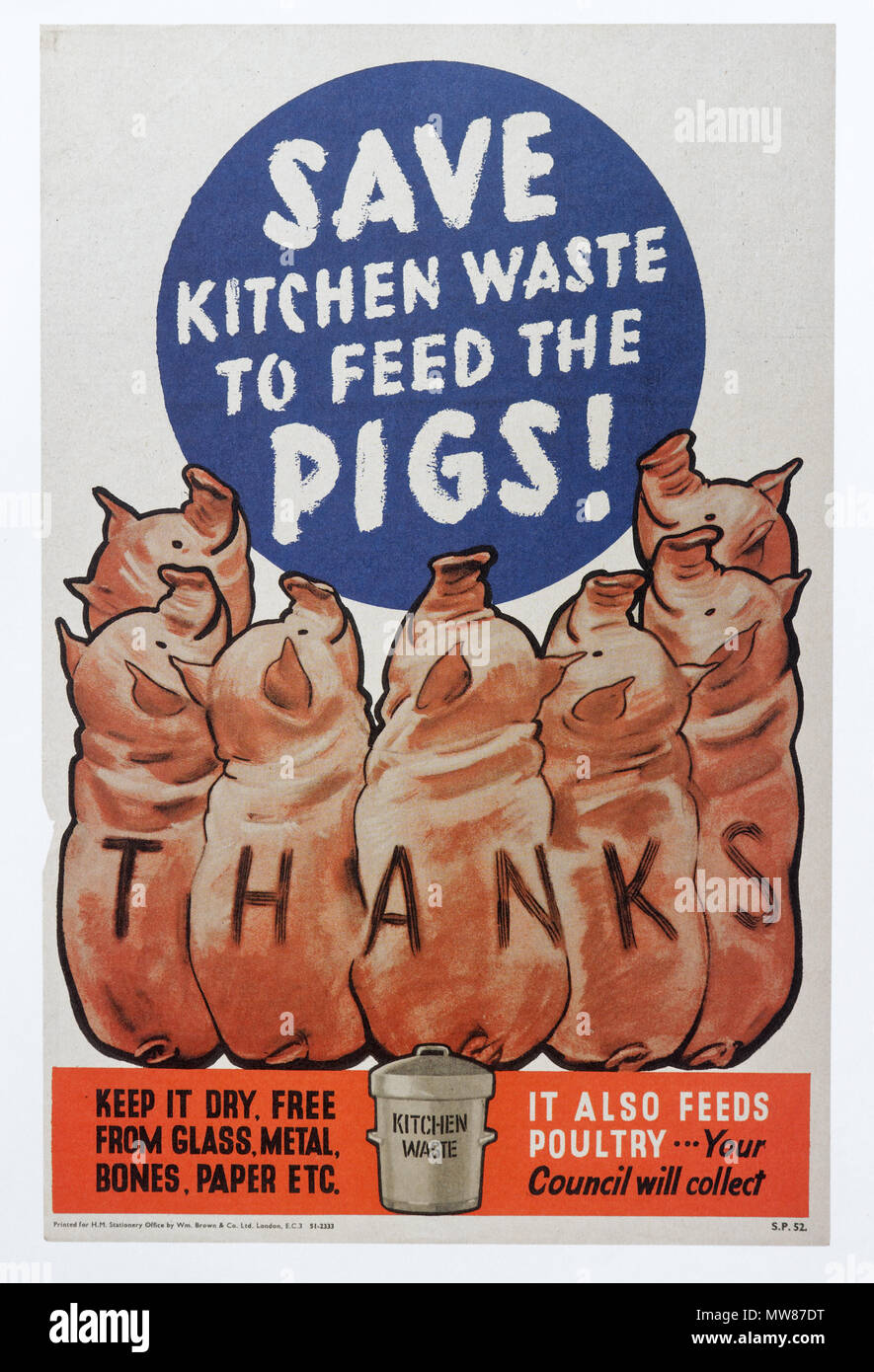 Una seconda guerra mondiale poster per incoraggiare le persone a salvare i rifiuti il cibo per nutrire suini - Salva i rifiuti di cucina per alimentare i suini Foto Stock