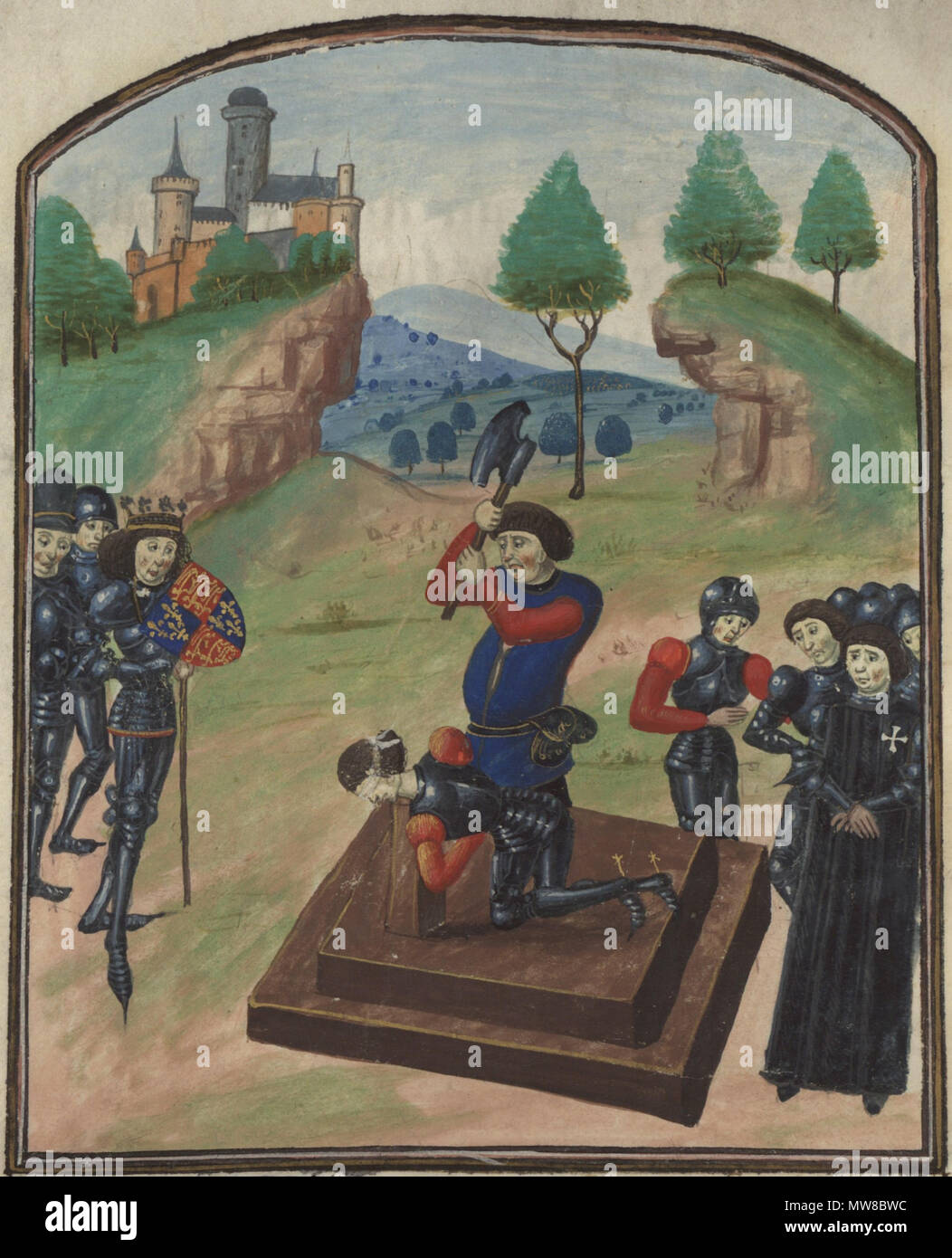 . La decapitazione di Edmund Beaufort, 4° duca di Somerset nel 1471 a Tewkesbury. Edward IV orologi. Miniaturizzati illuminati da Histoire de la rentrée victorieuse du Roi Edouard IV en figlio royaume d'Angleterre . della fine del quindicesimo secolo 78 decapitazione duca somerset Foto Stock