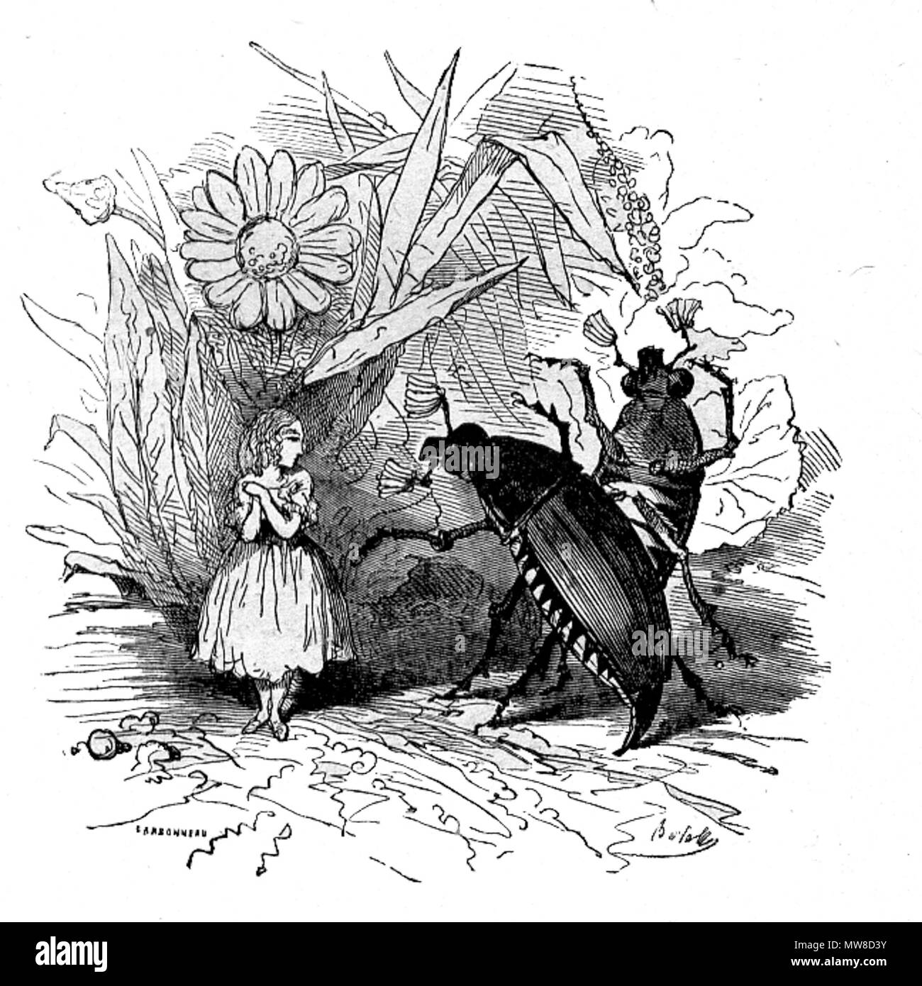 . Français : pour la fonte voir : fr:Discuter:Contes d'Andersen Vignette de La Petite Poucette par Bertall représentant la petite Poucette et insecte delle Nazioni Unite. Polski: Ilustracja fare Calineczki lub Dziecięcia elfów - baśni Hansa Christiana Andersena . 23 luglio 2006 (originale data di caricamento). Bertall (1820 - 1882); uploader originale era Sapcal22 a fr.wikisource 82 Bertall malato La Petite Poucette2 Foto Stock