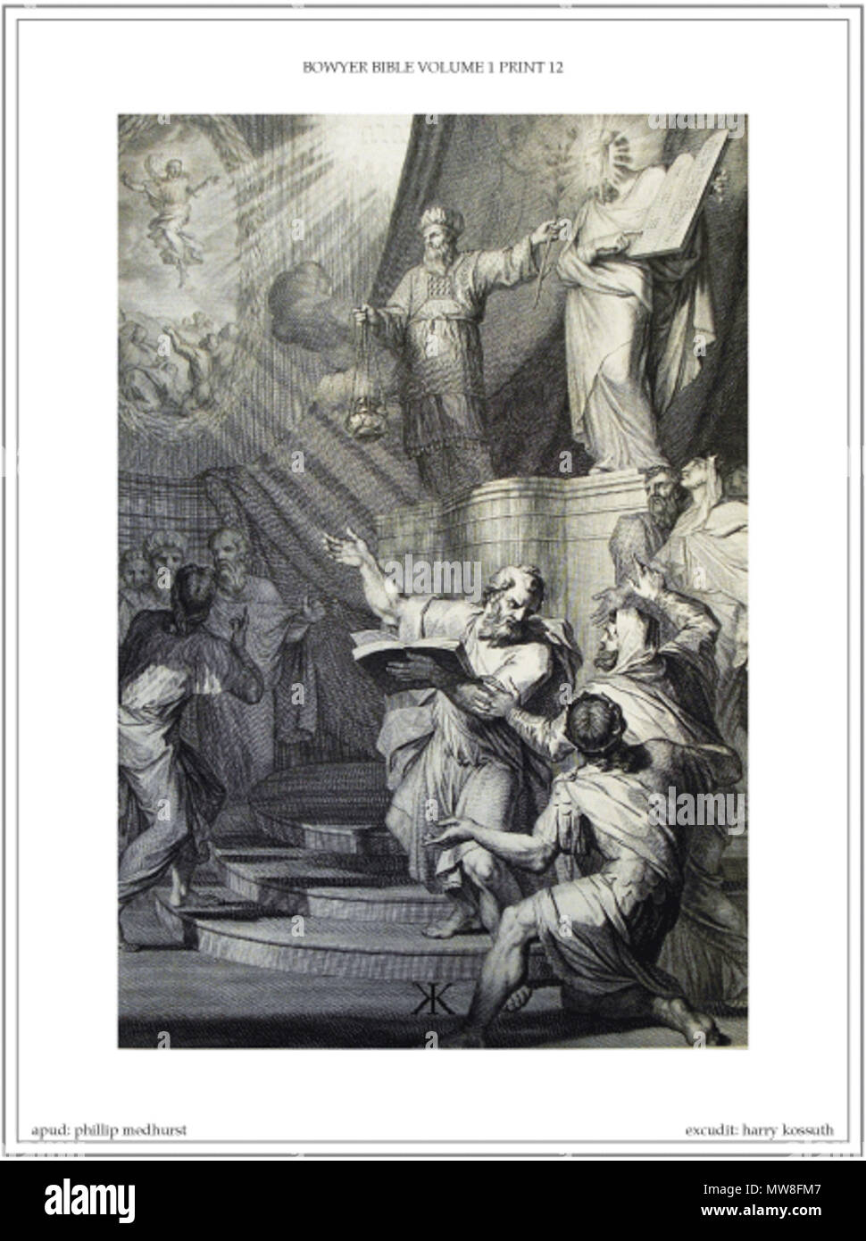 . Inglese: uno di 6,330 di stampe in 45 volumi della Bowyer la Bibbia in Bolton Museum, Inghilterra. I sei volumi del Macklin la Bibbia sono state espanse mediante attenta grangerisation. "Bibbia de Mortier" era "L'Histoire du Vieux et du Nouveau testamento, Enrichie de plus de quatre cens figure en Taille Douce, & c. Avec Privilegio de nos Seigneurs les Etats de Holland et de West-Frise". Amsterdam e Anversa. Pierre Mortier. 1700. 2 parti in 2 volumi Folio. 141 a piena pagina piastre per il primo volume; 73 a piena pagina lastre incise nel secondo volume. Il 15 gennaio 2010. Phillip Medhurst 95 Bowyer la Bibbia Vol Foto Stock