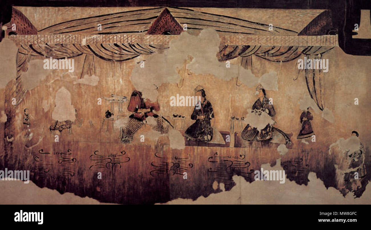 . Il Gakjeochong (각저총) murale, una delle tombe Goguryeo mostra che un cavaliere armato beve un tè insieme con due signore all'interno. 56세기경. Sconosciuto 248 Goguryeo-Gakjeochong-vita interiore Foto Stock