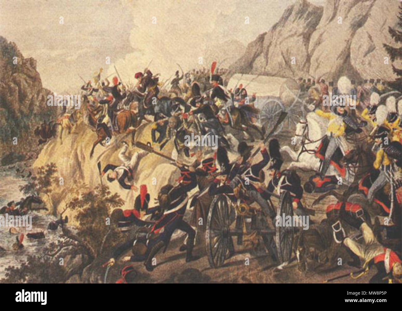 . Battaglia di Katzbach (1813). Soldati prussiani vigore le truppe francesi nel fiume Katzbach. prima del 1825. disegnata da A. Barch dopo originale del I. Klein 75 Battaglia di Katzbach da Klein Foto Stock