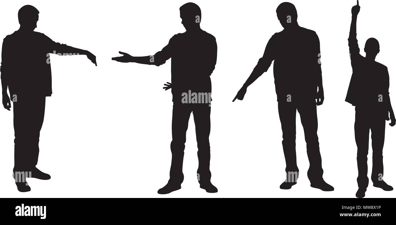 Insieme di persone sagome dispositivo di puntamento con dita isolato su bianco Illustrazione Vettoriale