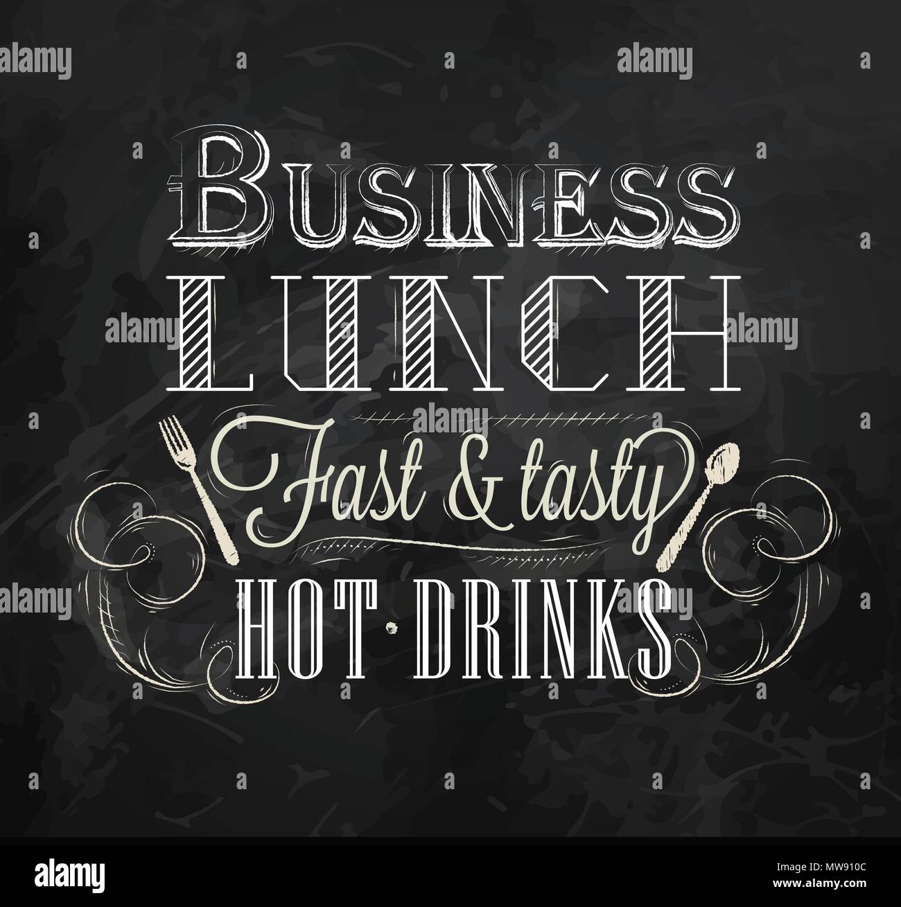 Pranzo di lavoro scritte business lunch veloce e gustose bevande calde disegno stilizzato con un gessetto sulla lavagna Illustrazione Vettoriale
