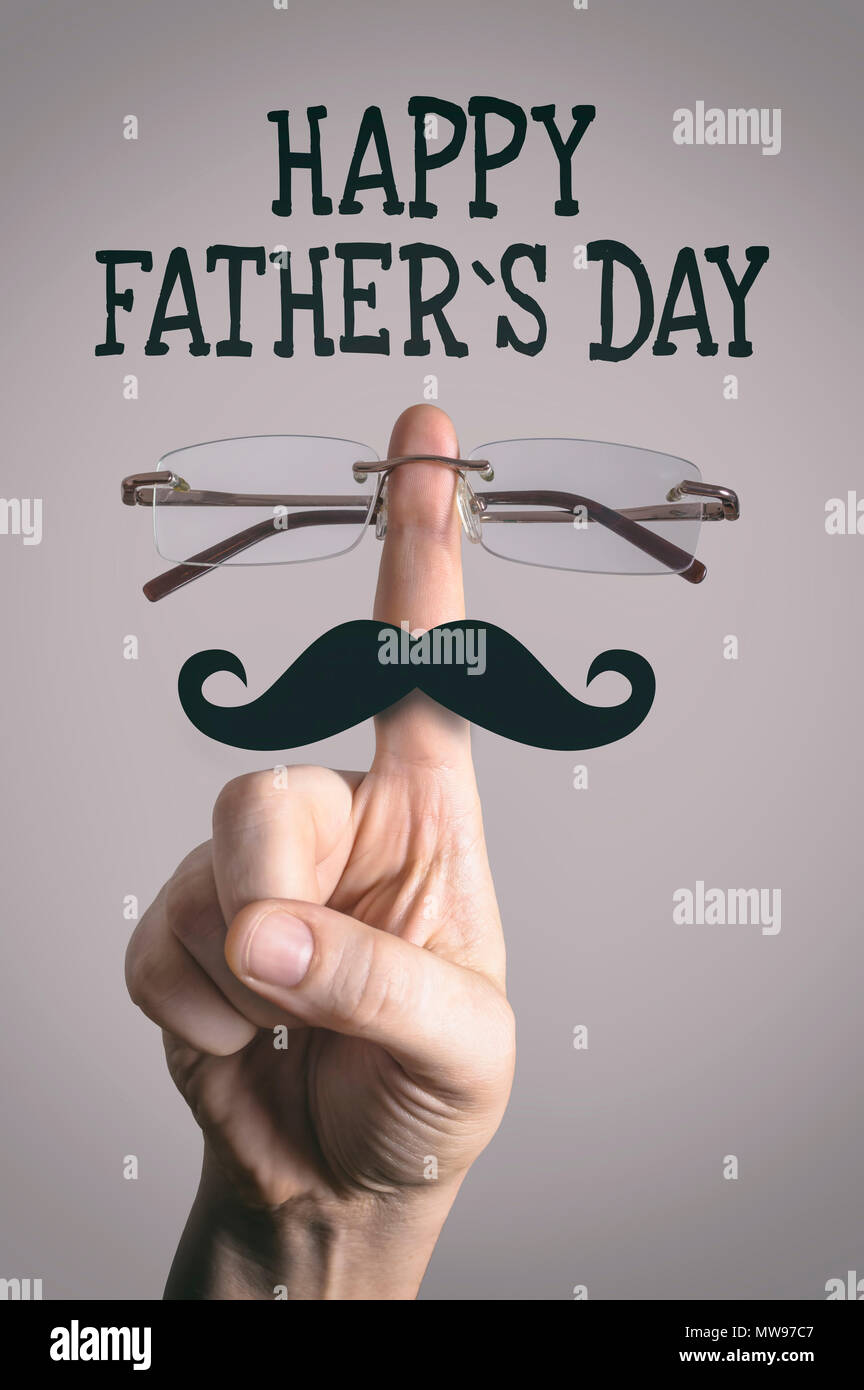 Padre Felice giorno del concetto. Stretta di mano maschio con un paio di occhiali e baffi a formare un uomo faccia. Foto Stock