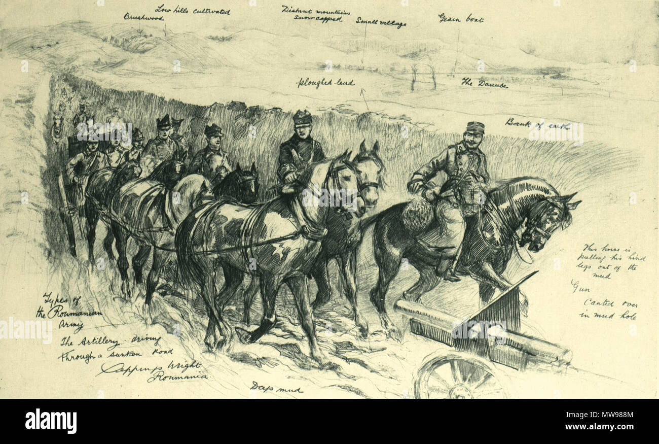 . Grande Romania - una sorpresa per il nemico - Pistole in movimento dietro il coperchio artificiali preparati rumeno: su una frontiera "Sunken Road", costruiti in modo che le truppe non possono essere viste attraverso il Danubio - una batteria di artiglieria passando "Se abilità militare in preparazione e organizzazione attenta contano come passi verso la vittoria", scrive il nostro artista nel trasmettere il suddetto disegno, realizzato sul posto, 'abbiamo al nostro fianco nel campo una grande Romania." Ho avuto il privilegio di alcuni poco tempo fa per fare un lungo tour attraverso le parti più interessanti del paese e possono essere tranquillamente e fiduciosamente affermare, in diretta opp Foto Stock