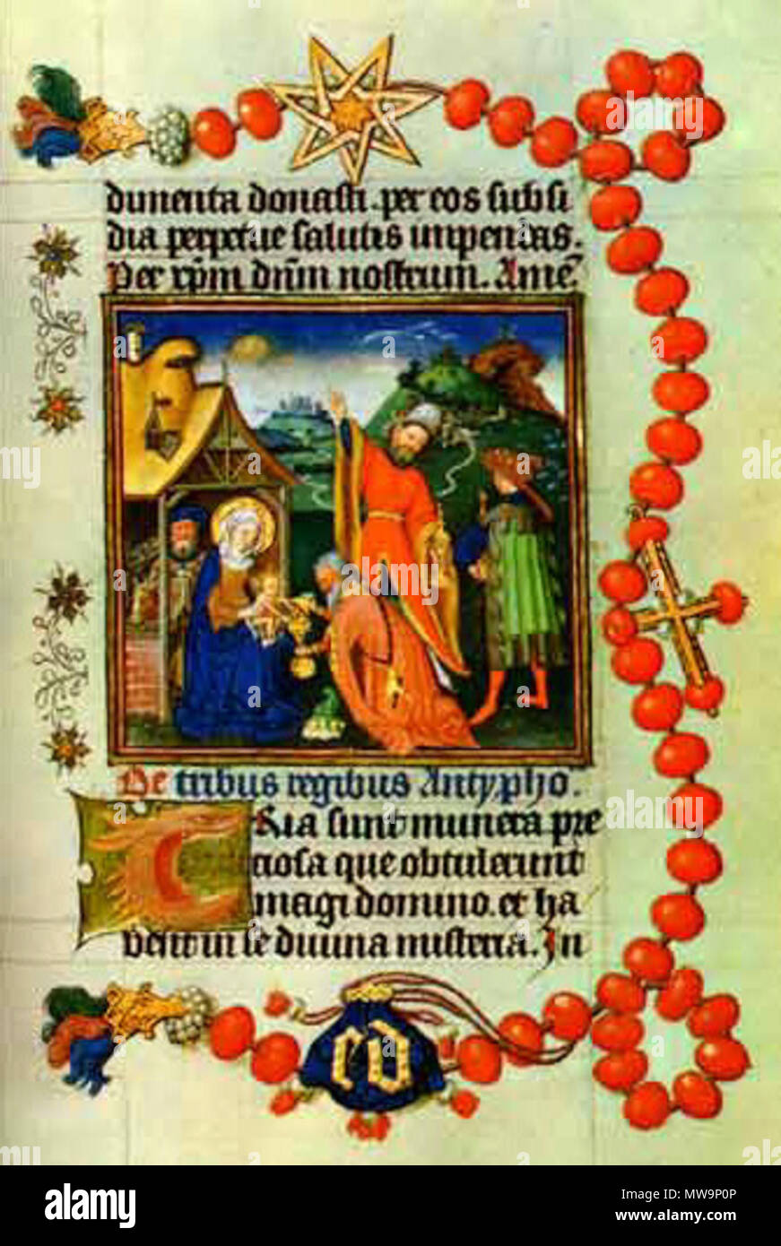 . Inglese: adorazione dei Magi Français : Psautier de Clèves : rosaire entourant onu mystère . circa 1440. Scribe: Una mano per il testo e per rubrica (anonimo), pittore: una mano, il master di Catherine of Cleves Pergament 133 Kleve-web Foto Stock
