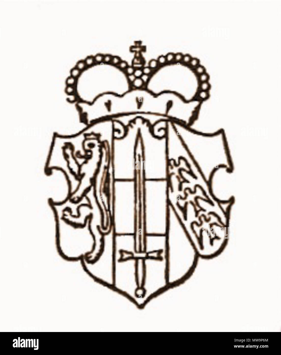 . Inglese: CoA di piccole dimensioni della casa di Schwarzenberg Orlik (filiale). Aggiunto alla famiglia CoA per la vittoria di FM Karl I. Schwarzenberg nella battaglia delle nazioni a Lipsia contro Napoleone. 1963. Karl Schwarzenberg (Fürst zu) 134 CoA Schwarzenberg Leipzig Habsburg Foto Stock