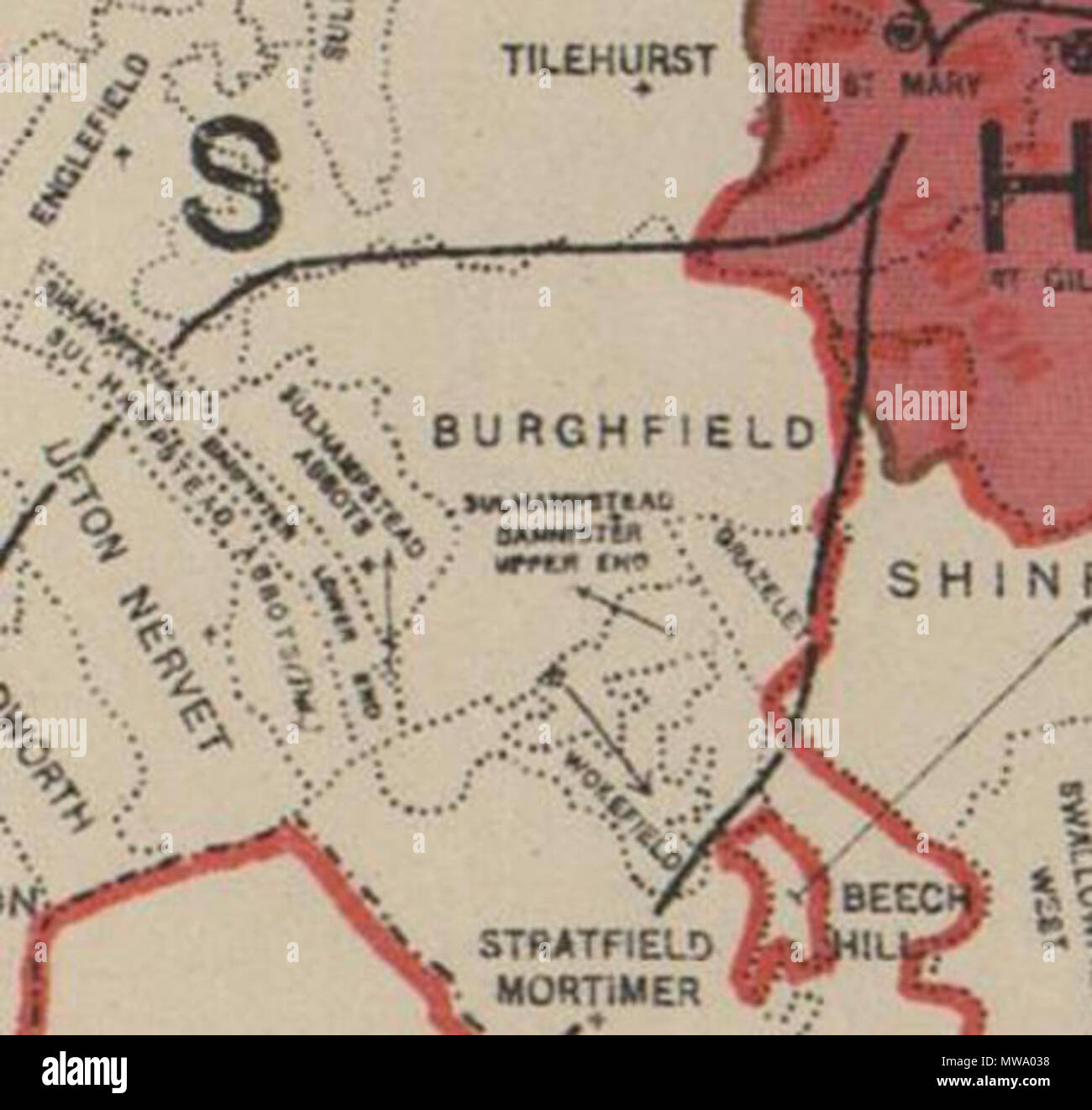 . Inglese: screen shot della vecchia mappa . 1888. Ordnance Survey 105 Burghfield confine parrocchiale Foto Stock