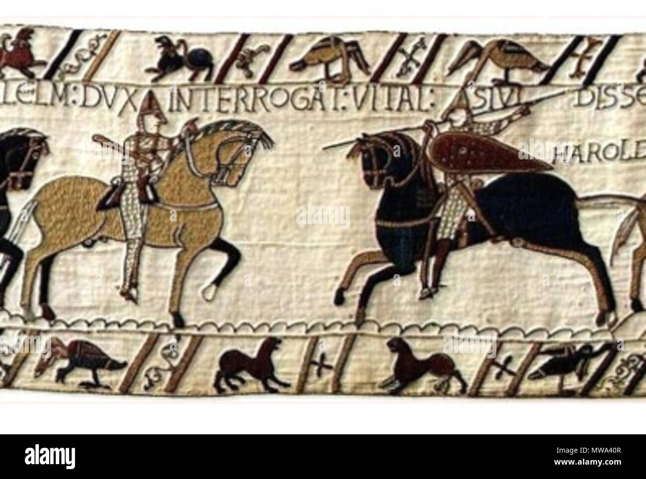 . Français : Le Chevalier vitale sur la Tapisserie de Bayeux inglese: Knight vitale sulle Arazzo di Bayeux . 16 ottobre 2010, 01:14 (UTC). Tapisserie de Bayeux 31109.jpg: Serge Lachinov (обработка для wiki) lavoro derivato: PurpleHz (PARLA) 126 Chevalier di vitale importanza Foto Stock