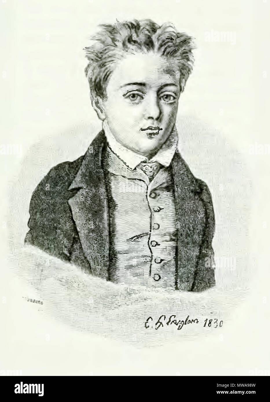 . Français : Portrait de Gustave Flaubert à l'âge de neuf ans, d'après onu dessin de Hyacinthe Langlois. 1895. Caroline Commanville 139 Commanville - Negozio di souvenir sur Gustave Flaubert - Illustrazione p. 25 Foto Stock
