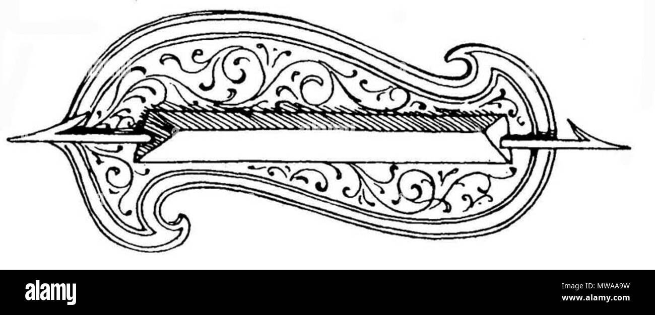 . Inglese: Tipo di scudo, illustrazione di un libro "Handbuch der Waffenkunde. Das Waffenwesen in circuizione historischen Entwicklung vom Beginn des Mittelalters bis zum Ende des 18. Jahrhunderts' da Wendelin Boeheim, Lipsia, 1890 Русский: Рис. 193. Фехтовальный щит. Дерево; обтянут кожей и расписан. XV в. Из арсенальных книг Максимилиана I. (В книге показан вертикально, широким концом вверх.) . 1890. Sconosciuto 203 Fechtschild 01 Foto Stock
