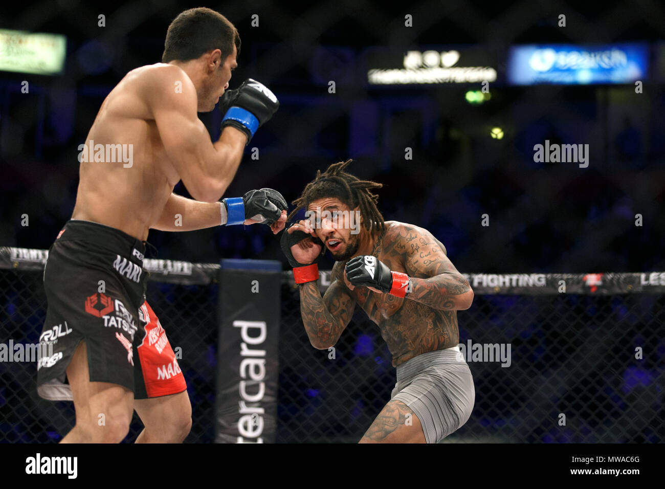 Aurel Pirtea (sinistra) rispetto a Saul Rogers (destro) a ACB 54 in Manchester, UK. Pirtea hanno vinto il loro leggero lotta di classe con la presentazione. Campionato assoluto Berkut, arti marziali miste, MMA lotta. Foto Stock