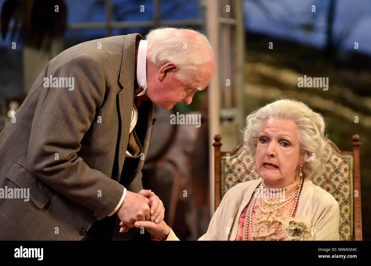 Penelope Keith (riproduzione di onorevole St Maugham)) e Oliver Ford Davies (riproduzione del Giudice) in Enid Bagnold's Chalk giardino, Chichester Festival Theatre... Foto Stock