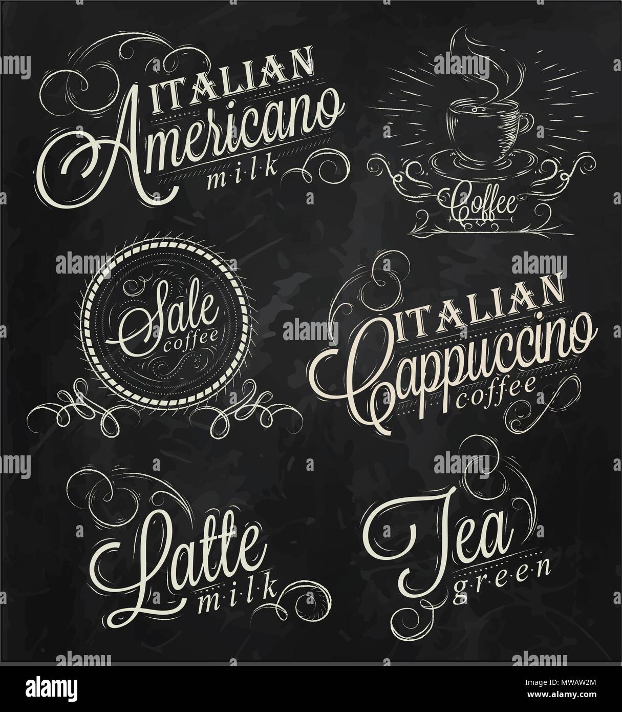 Nomi di bevande di caffè espresso, latte, iscrizioni stilizzata in gesso su una lavagna Illustrazione Vettoriale