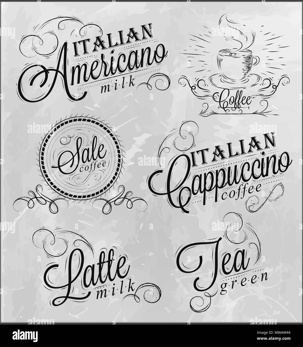 Nomi di bevande di caffè espresso, latte, iscrizioni stilizzata in carbone su una lavagna Illustrazione Vettoriale