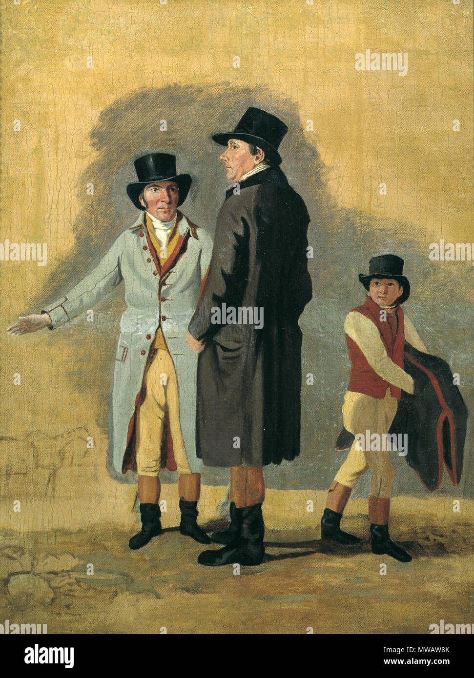 . Inglese: Sir Charles Bunbury (al centro) con il suo allenatore di cavalli Cox e un ragazzo stabile in circa 1801 studio di pittura da Benjamin Marshall. Il lavoro è stato riferito un dipinto preliminare per il successivo lavoro finito' a sorpresa e Eleanor." Eleonora era Bunbury's racemare purosangue che ha vinto il 1801 Epsom Derby e Epsom Oaks, la prima volta che l'impresa era stata compiuta da un mare. circa 1801. Benjamin Marshall (1768-1835) 122 Charles Bunbury e Cox Foto Stock