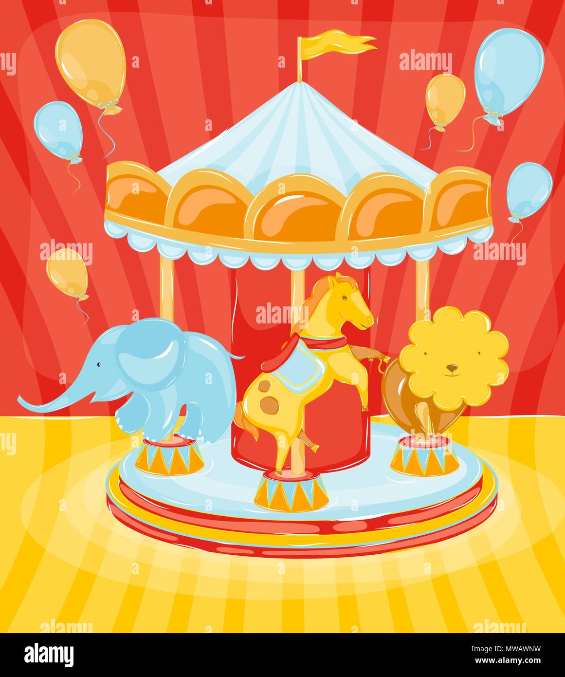Giostra di circo con animali a cavallo con un elefante e un leone con baloons Illustrazione Vettoriale