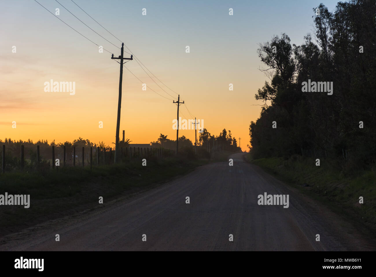 Strada sterrata attraverso la campagna uruguayana a Maldonado, Uruguay Foto Stock
