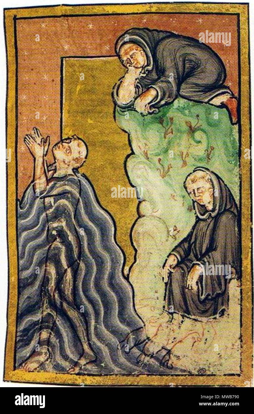 . Inglese: una miniatura nella British Library Yates Thomson MS 26, Beda prosa della vita di St Cuthbert, raffigurante il miracolo dove mare-creature tendono a Cuthbert i piedi prima di guardare un chierico, . tardo 12esimo secolo 148 Cuthbert e creature del mare Foto Stock