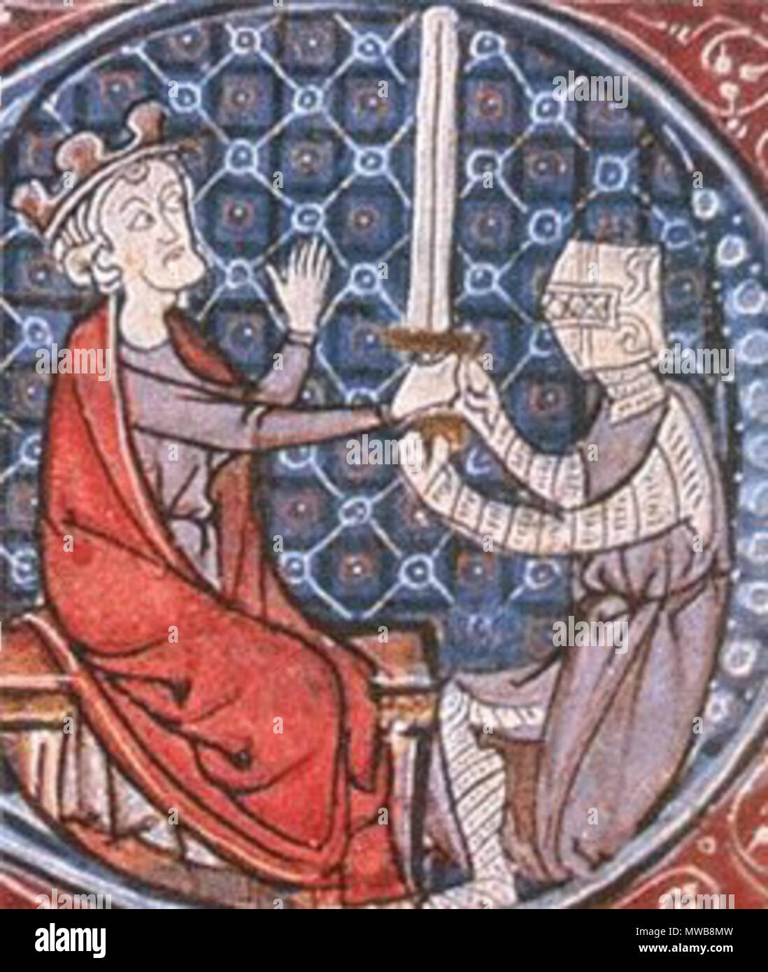 . Inglese: un'immagine in miniatura del re Davide I di Scozia knighting un scudiero . Il XIV secolo? (Caricati 2011). Sconosciuto 154 DavidI&amp;scudiero Foto Stock